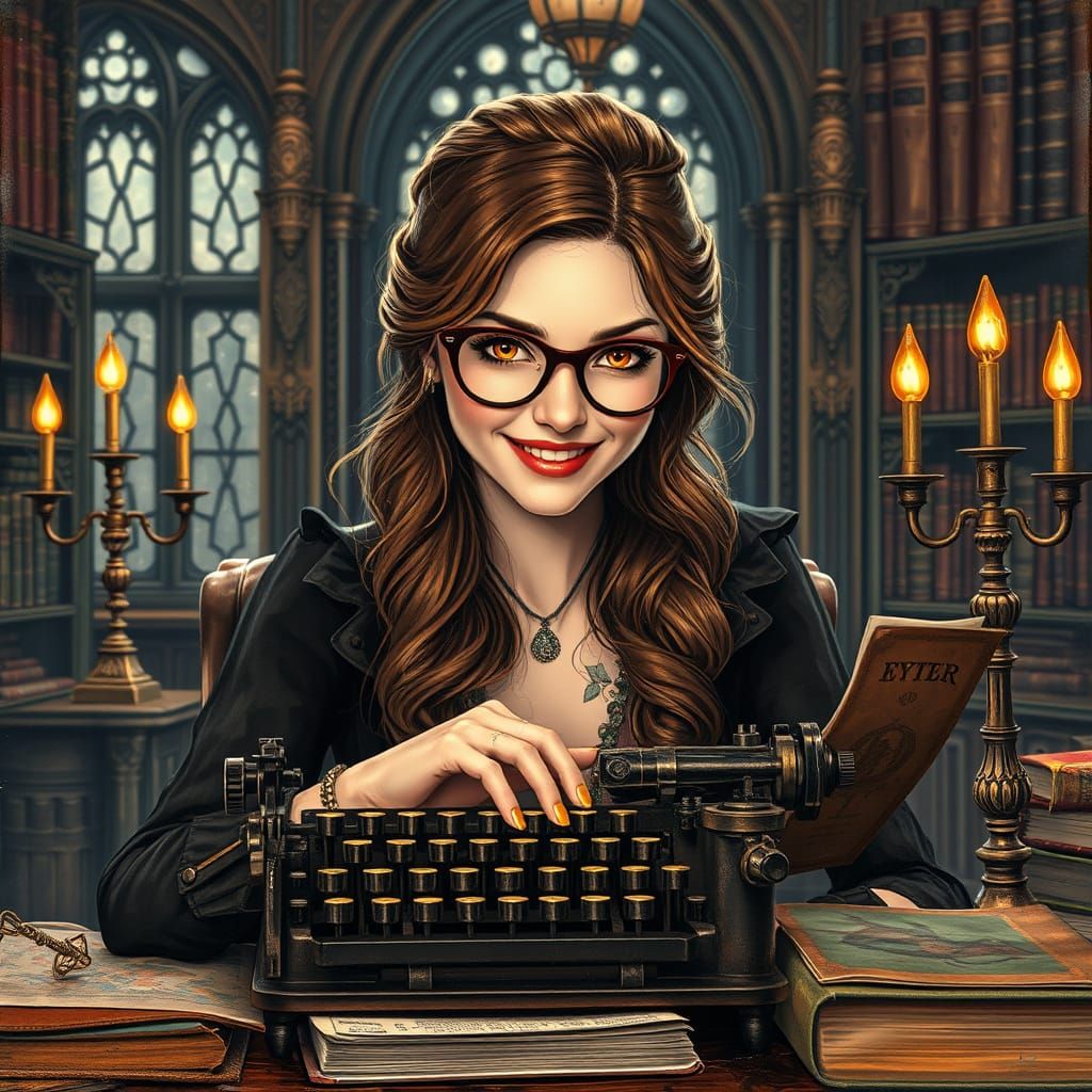 Woman Typing in Gothic Office, Alcohol Ink Splatter Art