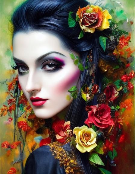 Dark Goth Flower Woman Portrait in Digital Art Style