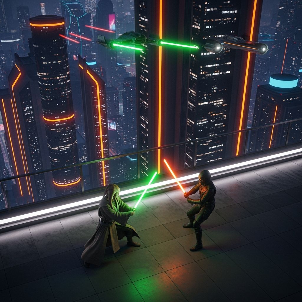 Futuristic Cityscape Duel with Jedi Knight