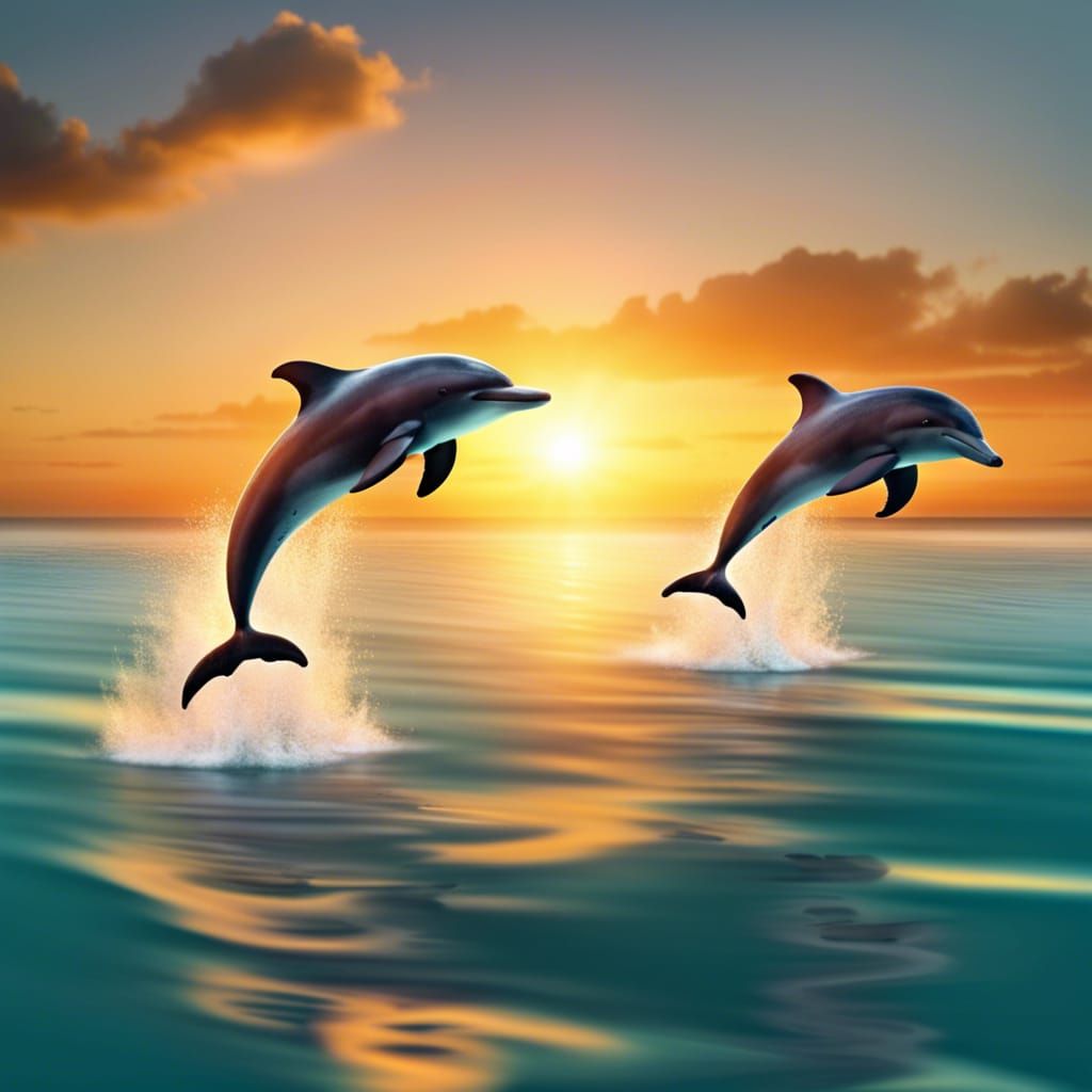 Dolphins Play at Sunset in Island Paradise