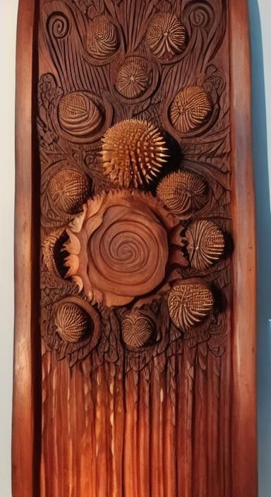 Yoruba Carved Wood Panel with Sea Urchin