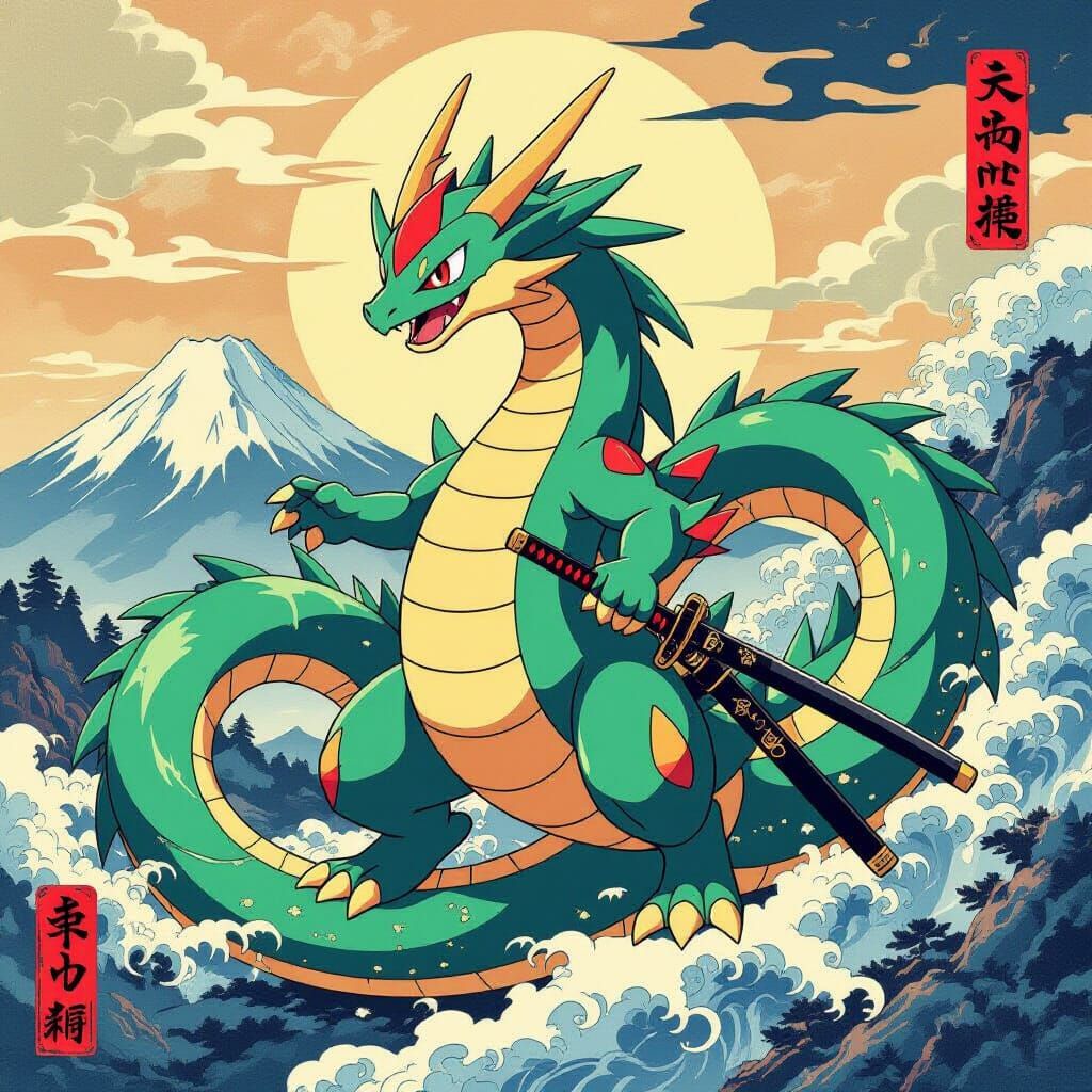 Rayquaza in Ukiyo-e Style with Katana