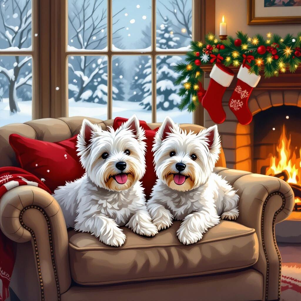 Westies Cozy by Fireplace in Vintage Holiday Style
