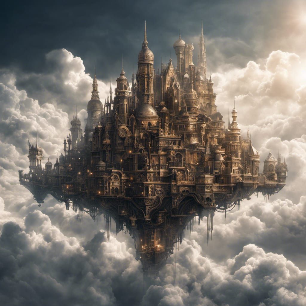 Steampunk Gothic City Floating on Clouds