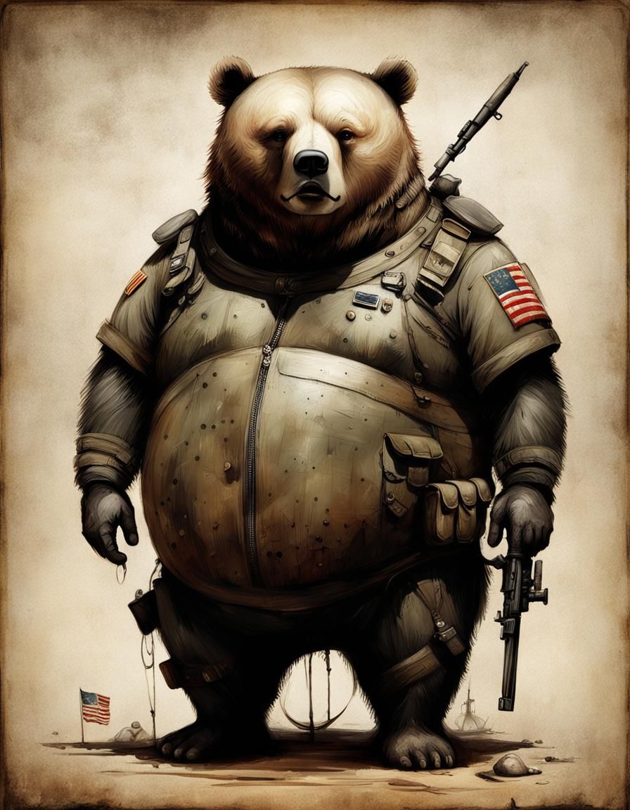 Demonic Cyborg Bear in Volcanic Landscape