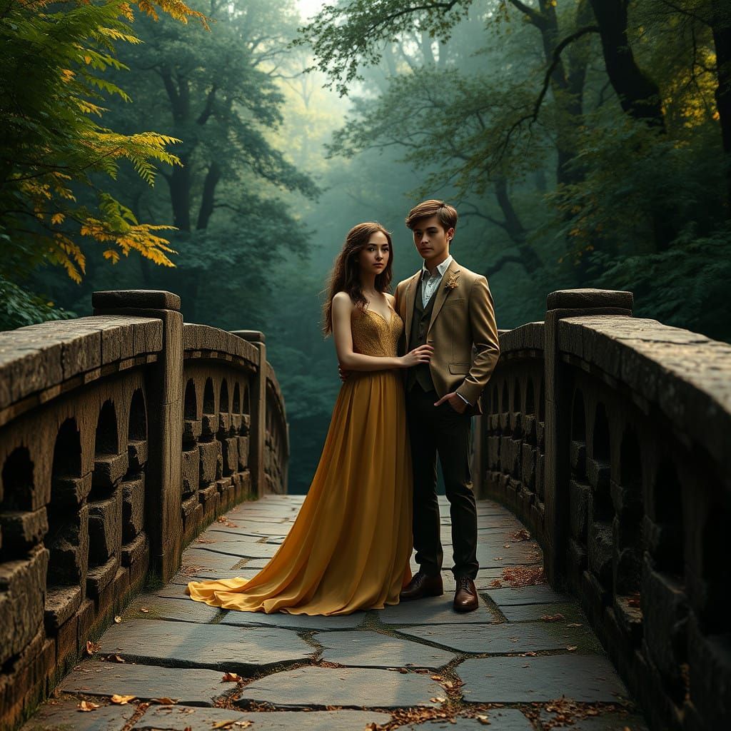 Neo-Romantic Couple on a Whimsical Bridge