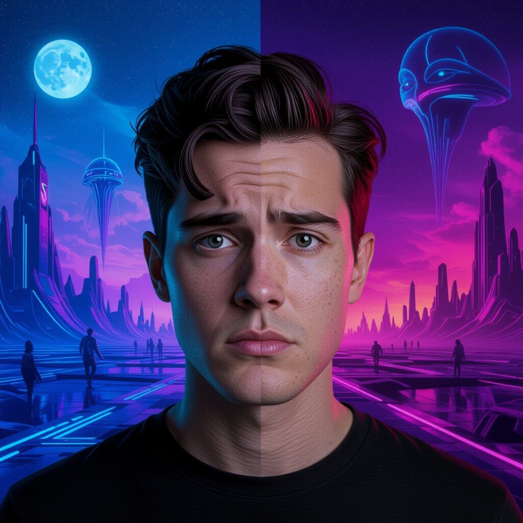 Split Person in Surreal Dreamscape