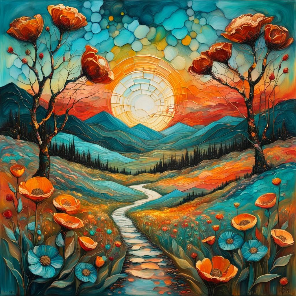 Encaustic Spring Landscape with Flowers in Klimt Style