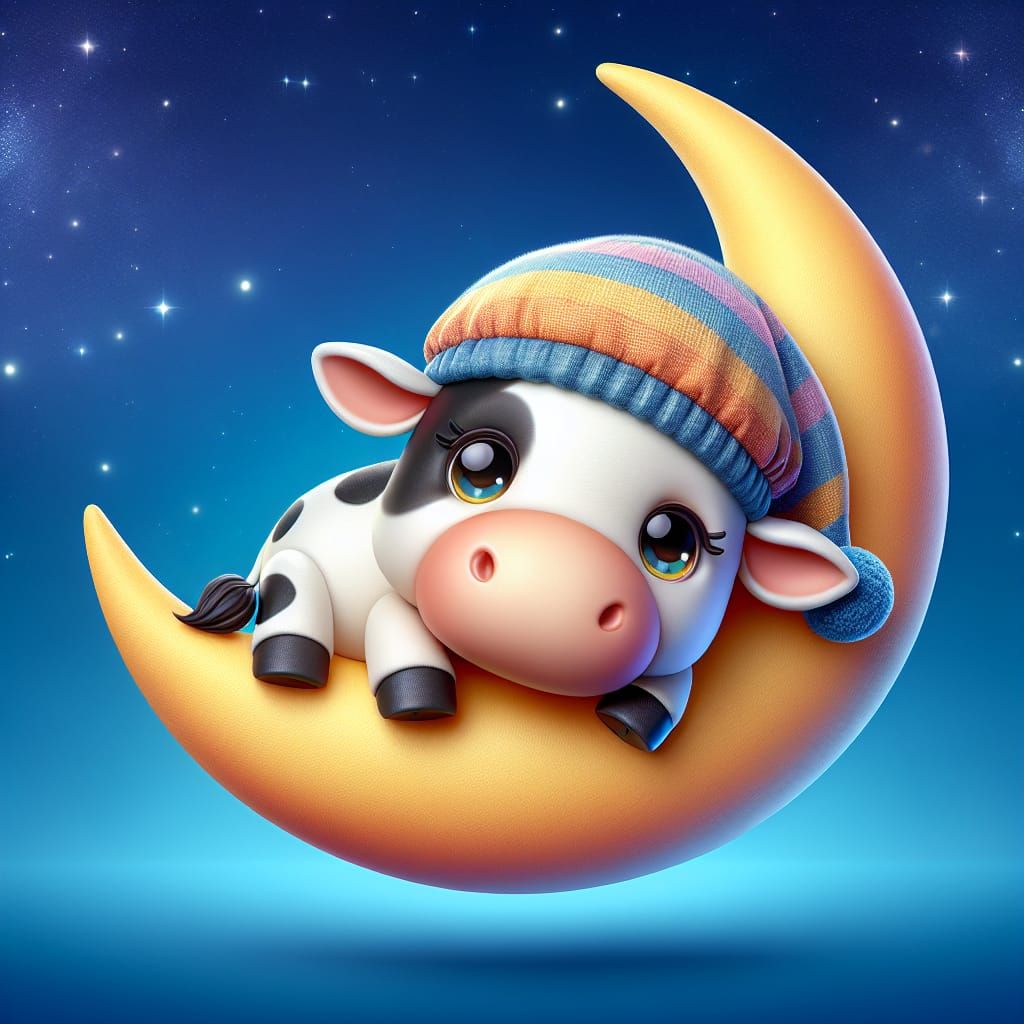 Whimsical Cow in Slumber on Crescent Moon