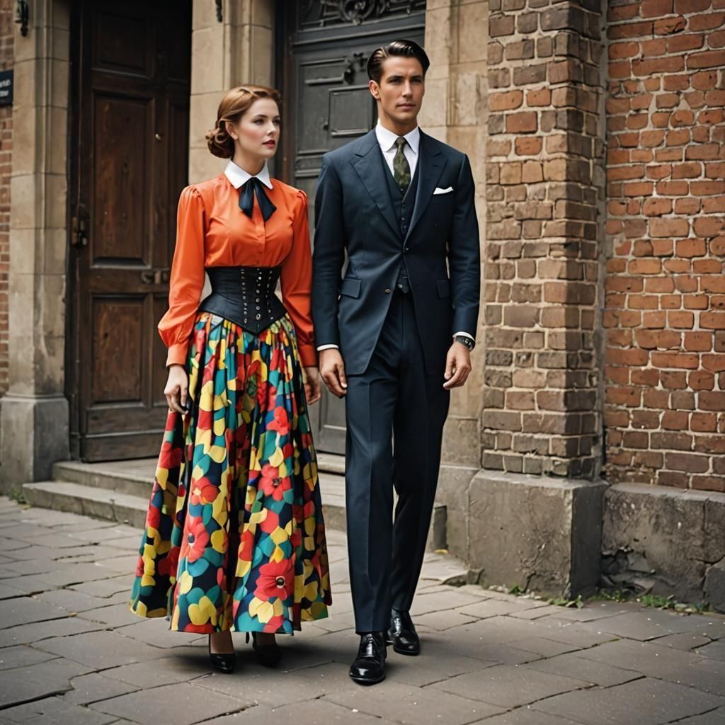 Colorful Corset Outfit with Man in Suit