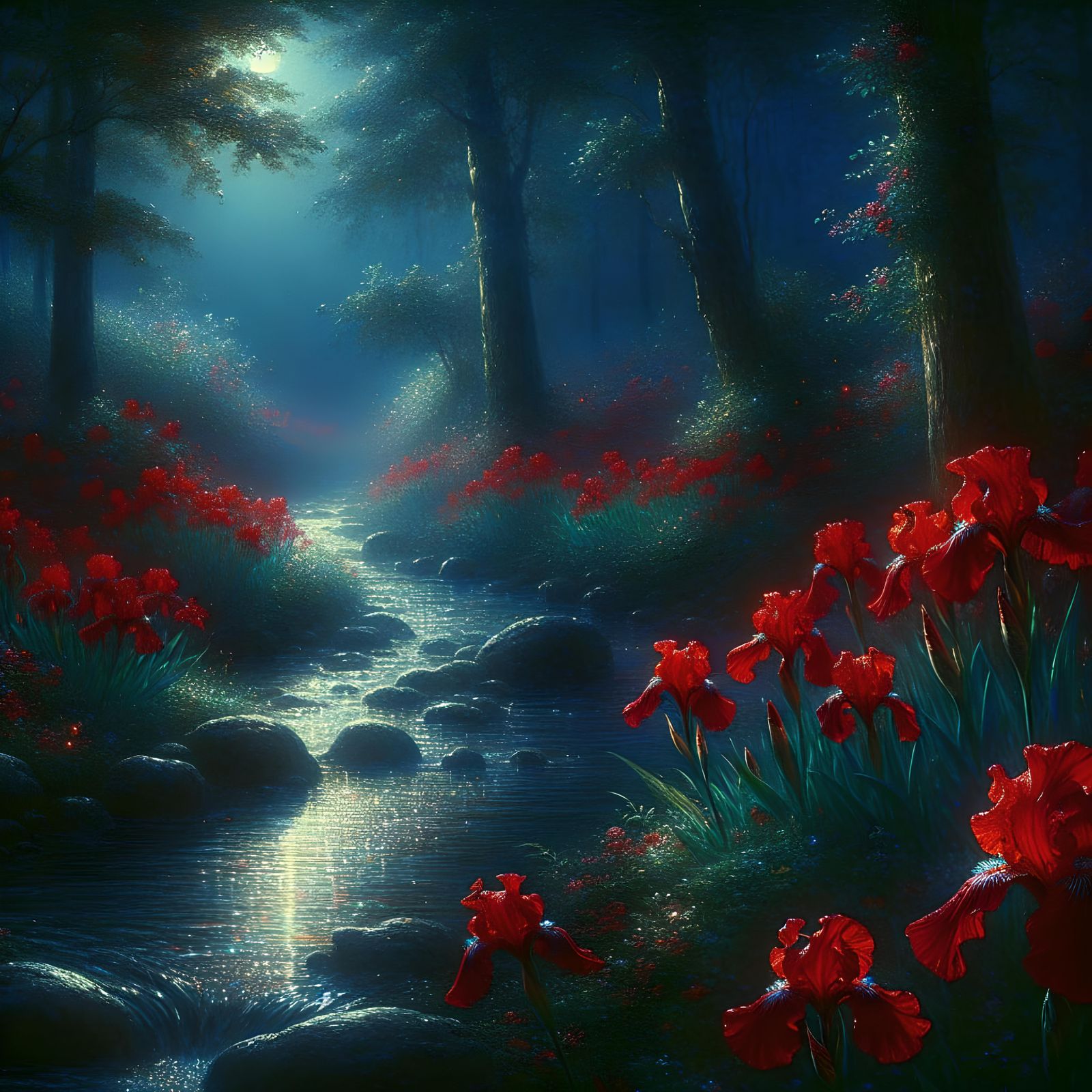 Moonlit Stream with Glittering Red Irises