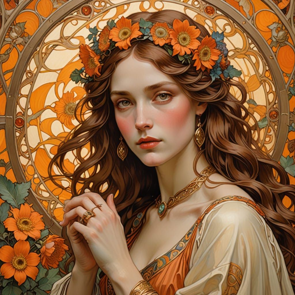 Joyful Bride in Vibrant Orange, Inspired by Pre-Raphaelite A...
