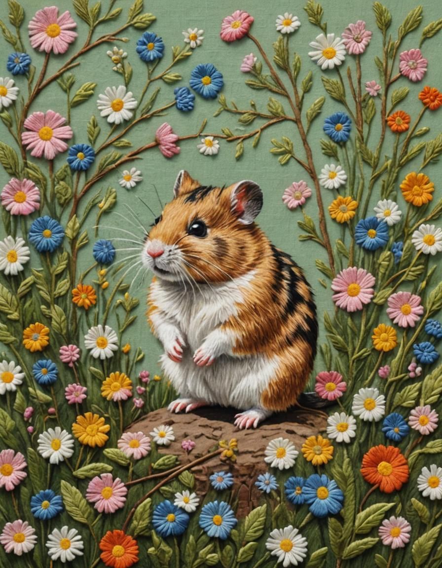Folk Art Hamster in Embroidered Oil Painting Style