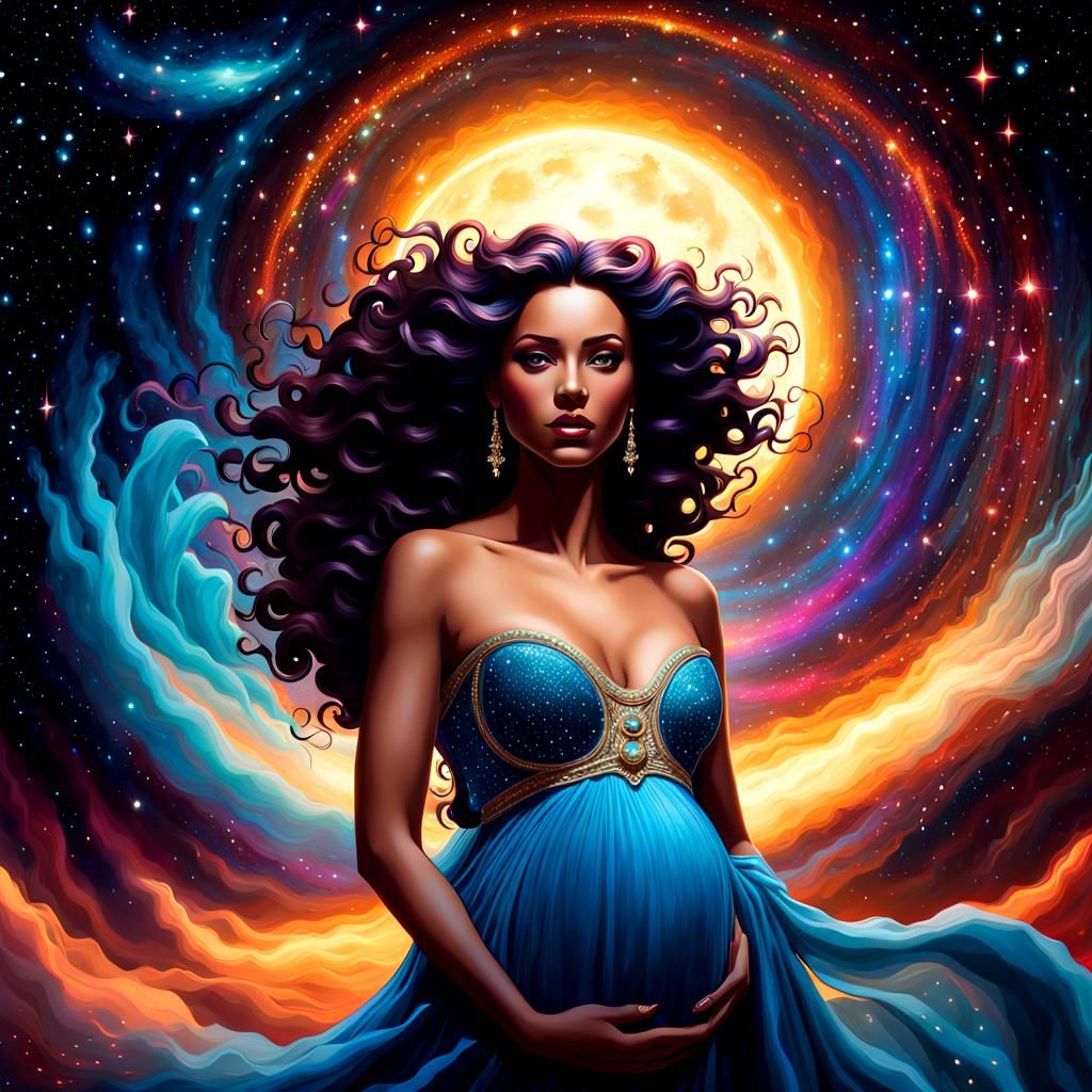 Ethereal Pregnant Goddess in Cosmic Dreamscape