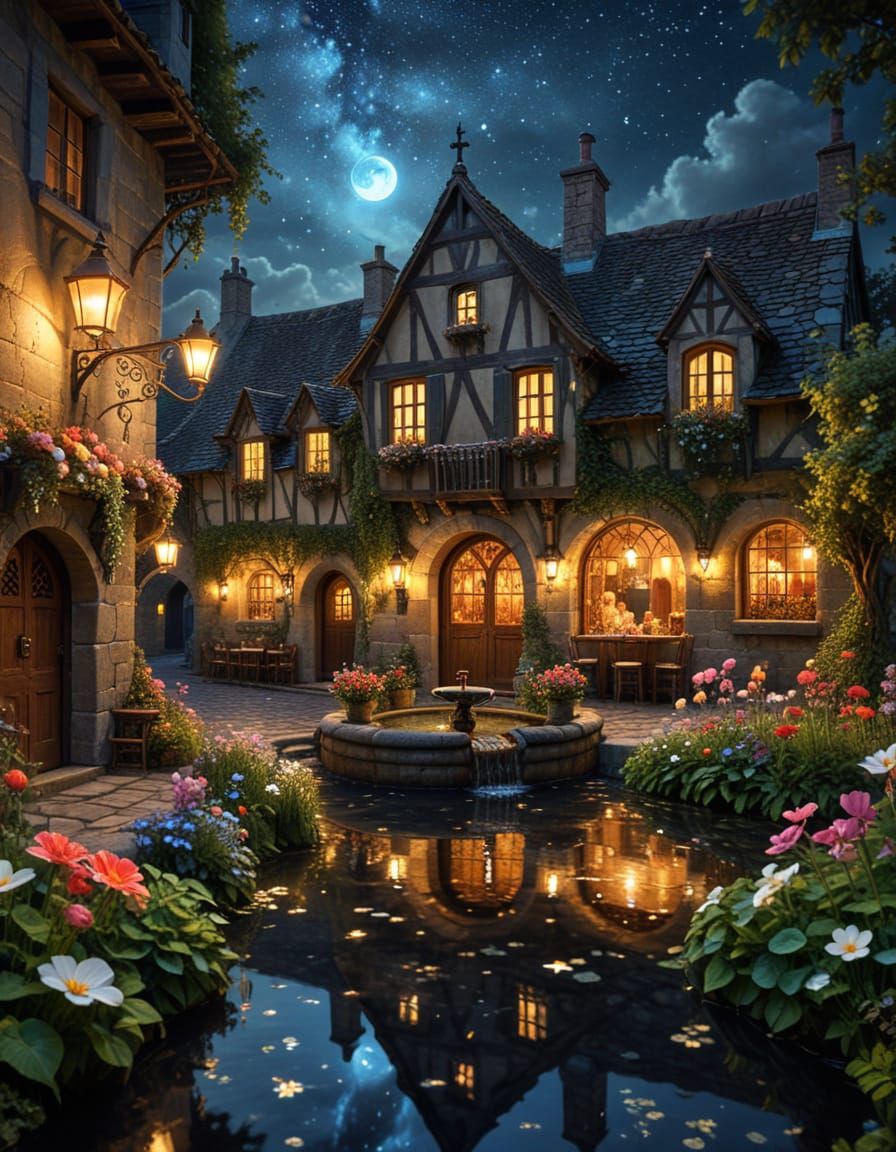 Medieval Alleyways and Fountains with Gothic Flowers