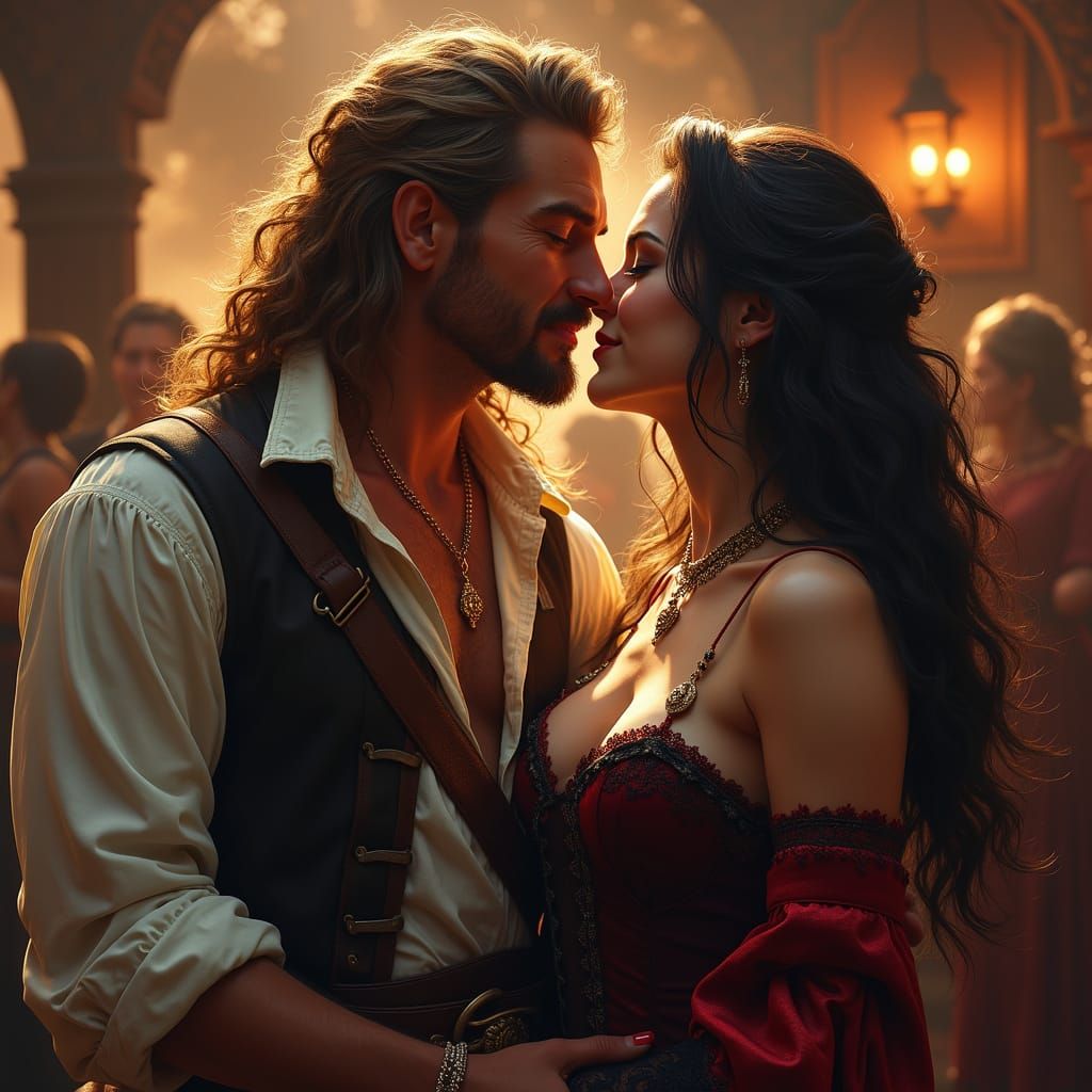 Pirate Captain's Tender Kiss in a Swashbuckling Tavern Scene