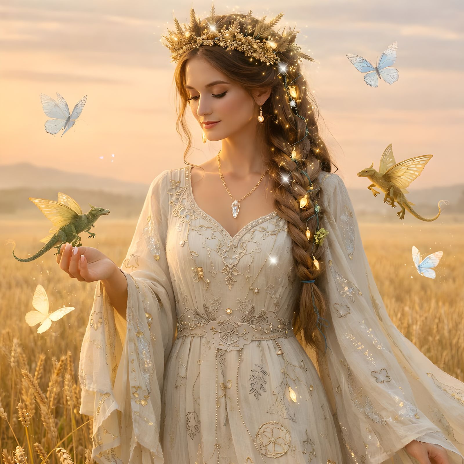 Earth Queen in Golden Field with Meadow Dragons and Celestia...