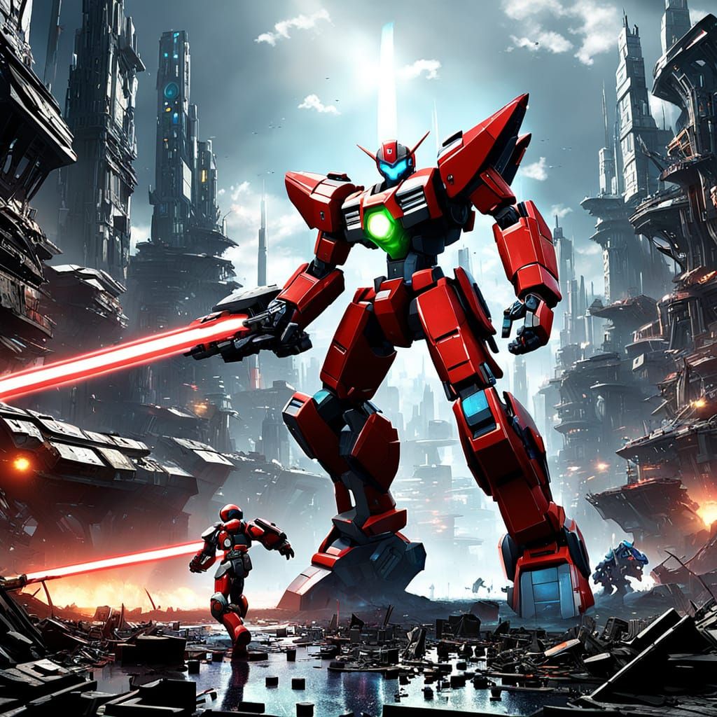 Epic Robot Battle in a Ruined Cityscape