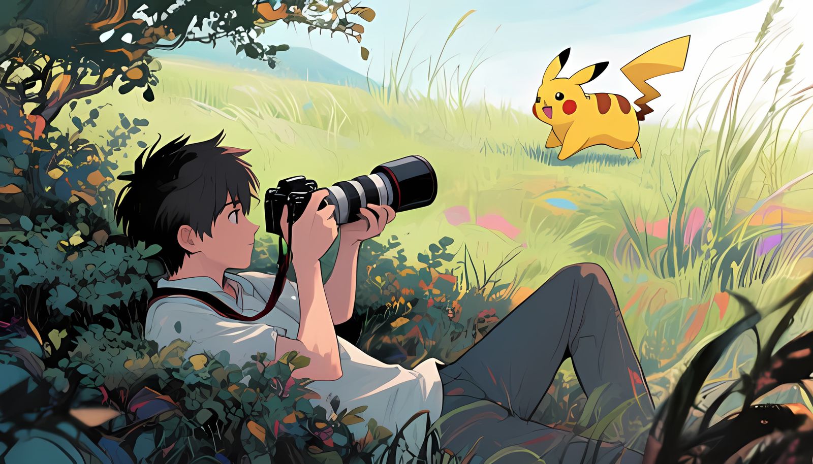 Pikachu in Tall Grass as Oil Painting Anime