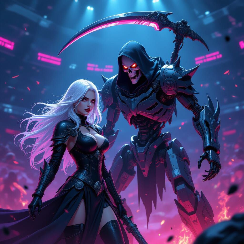 Grim Reaper vs Goth Woman in Mech Arena Battle