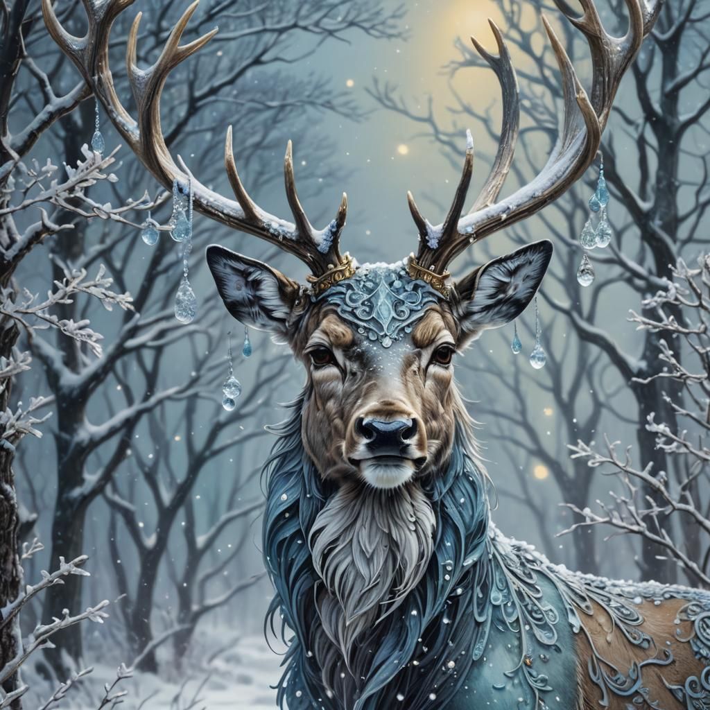 Deer in Winter Snow, Art Nouveau Style