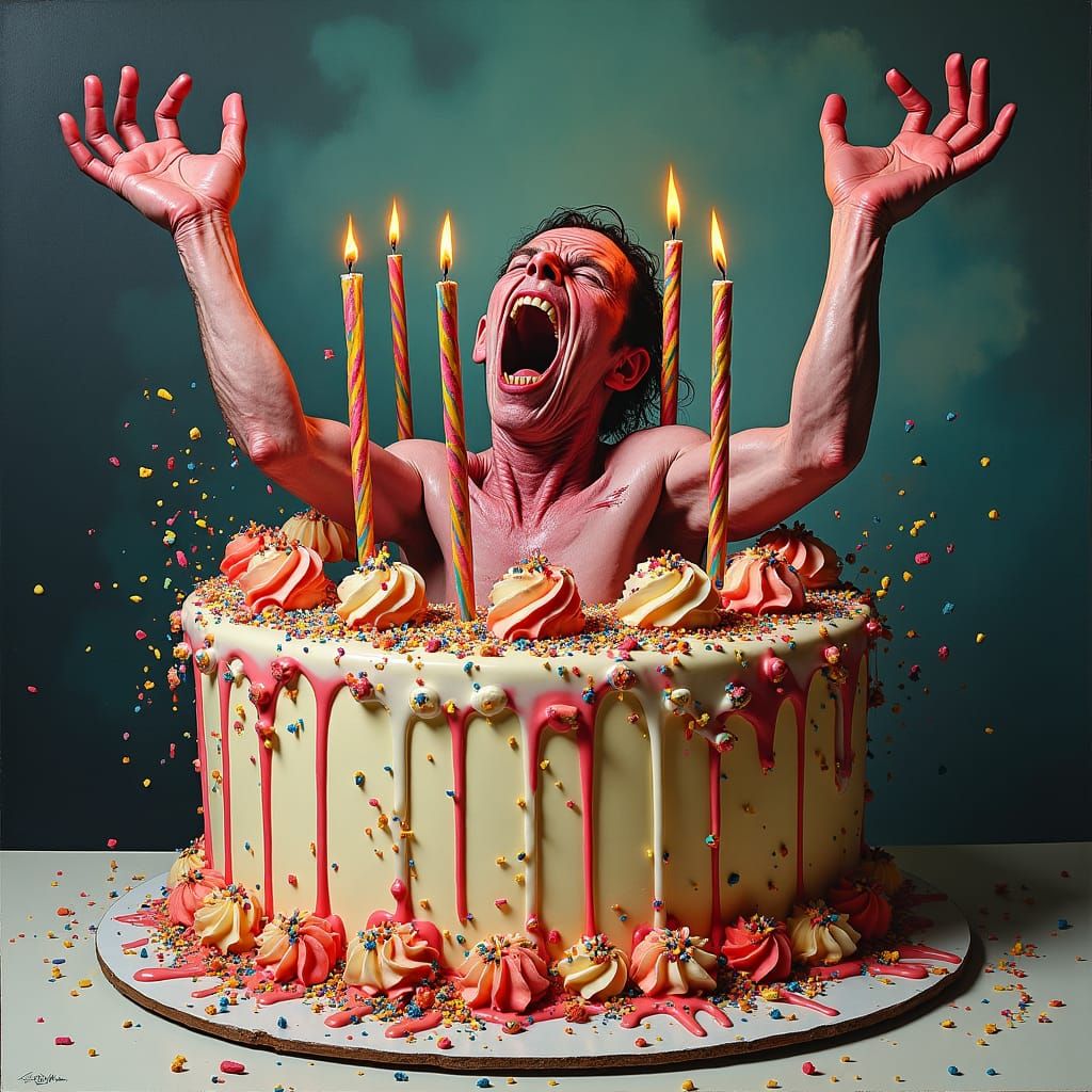 Distorted Figure Trapped in Birthday Cake
