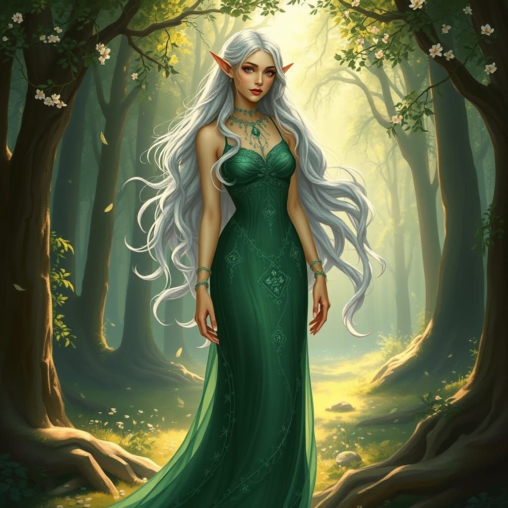 Elegant Elven Woman in Sun-Dappled Forest