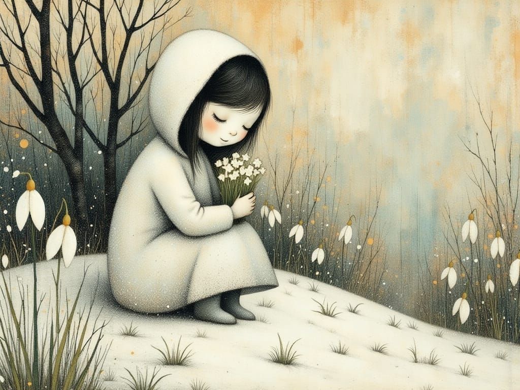 Whimsical Winter Scene with Snowdrops and Frosty Landscape i...