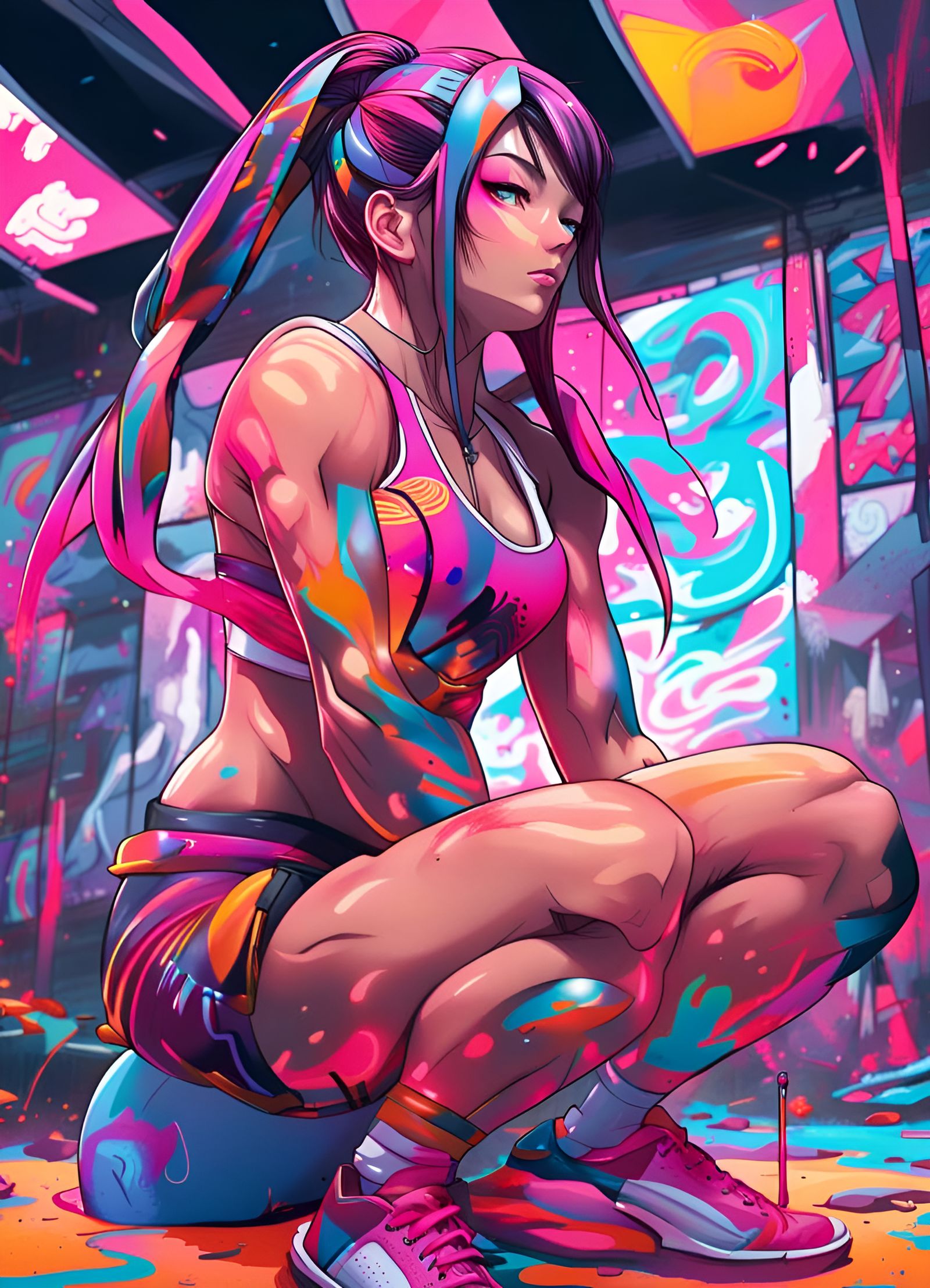 Anime Girl Workout in Neon Graffiti Style