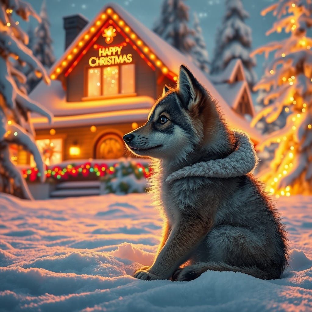 Winter Wonderland Wolf Pup Under Christmassy House