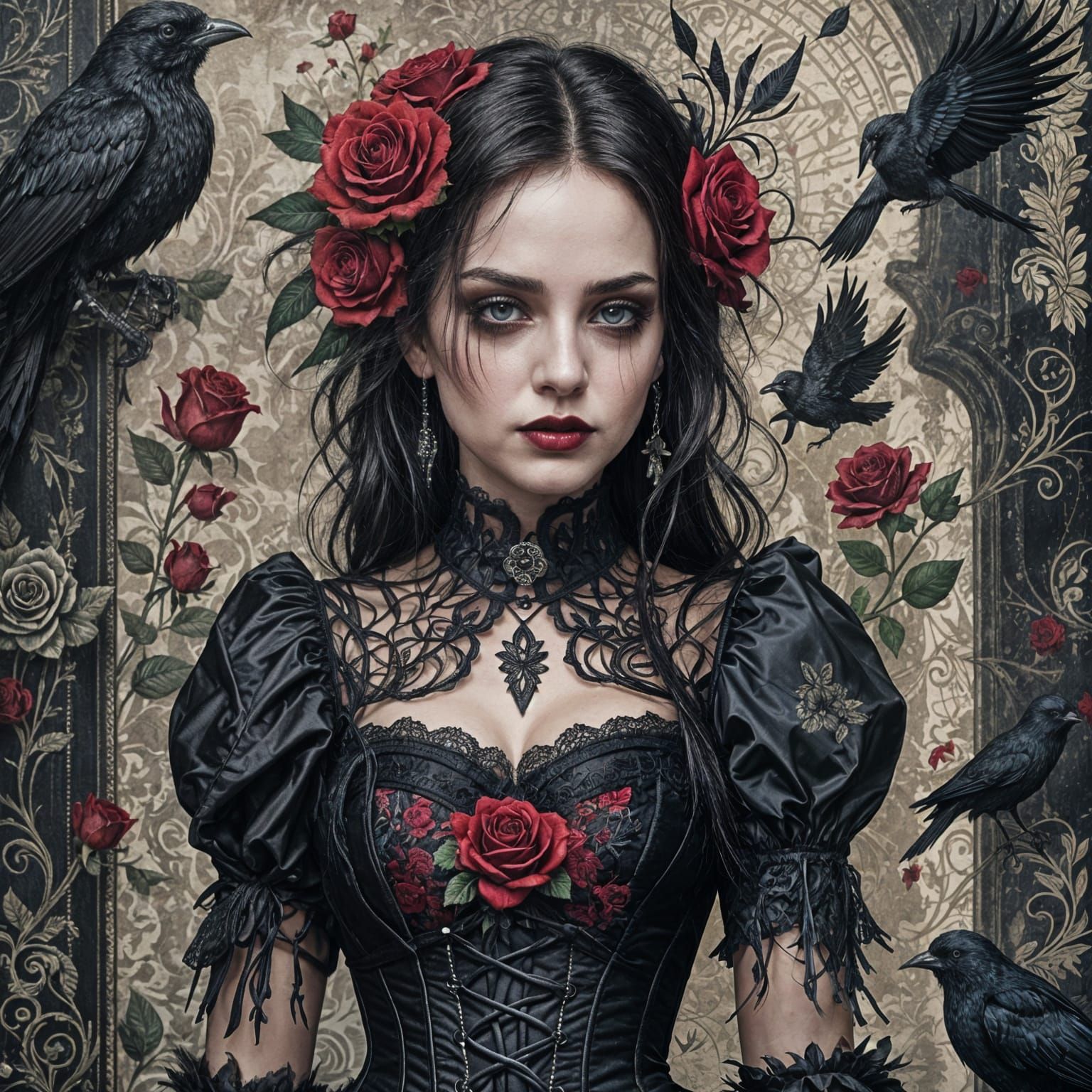 A digital painting featuring a gothic-style female figure in...