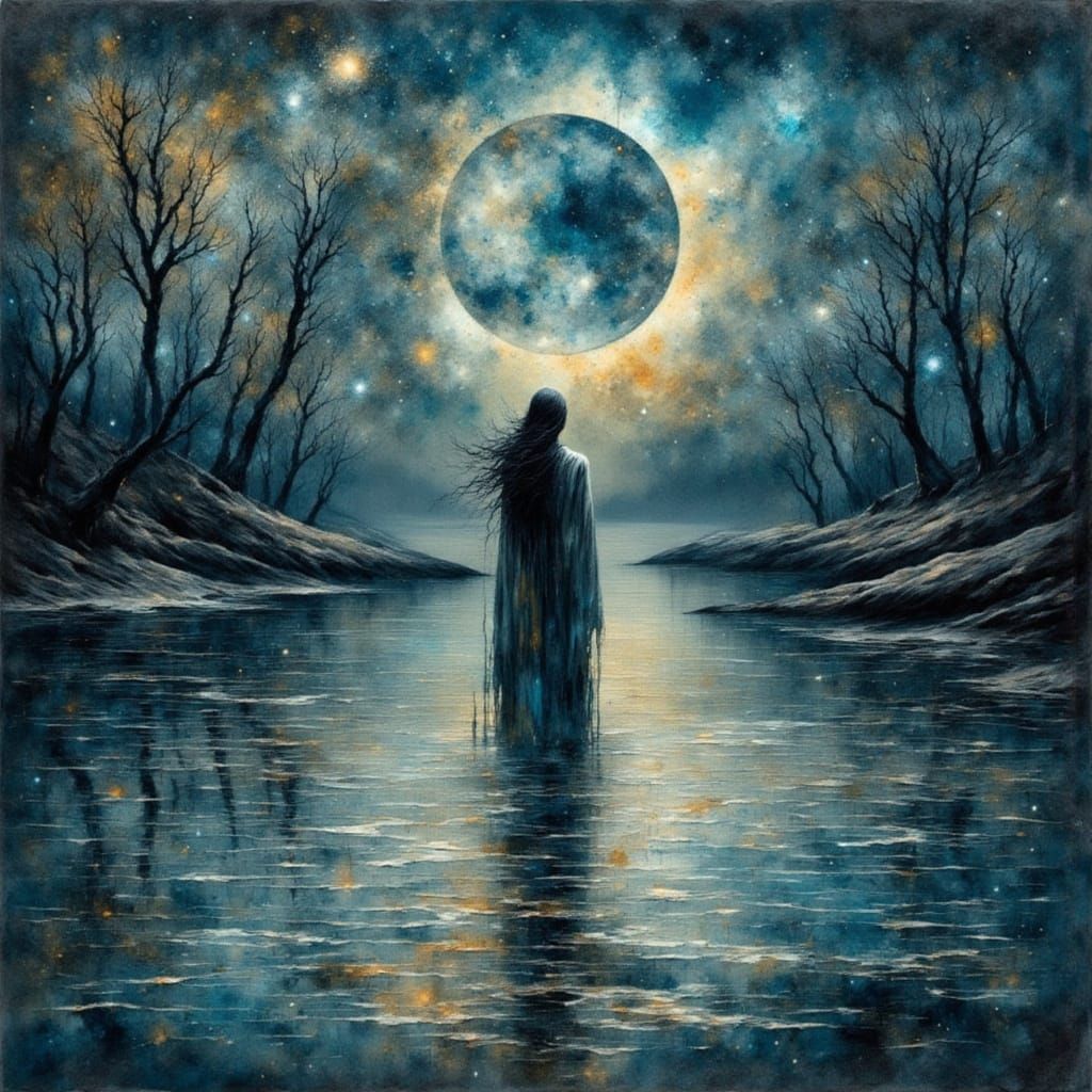 Asian Water Nymph in Surreal Moonlit Collage