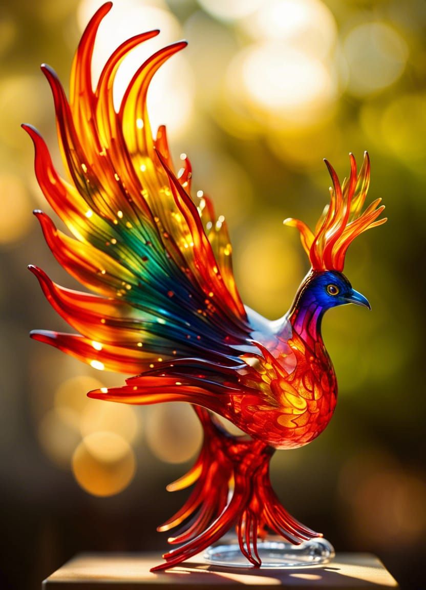Blown Glass Phoenix in Professional Photography Style