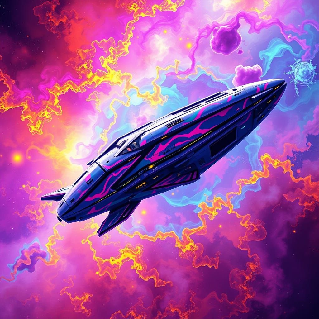 Starship Navigates Vibrant Alcohol Ink Nebula