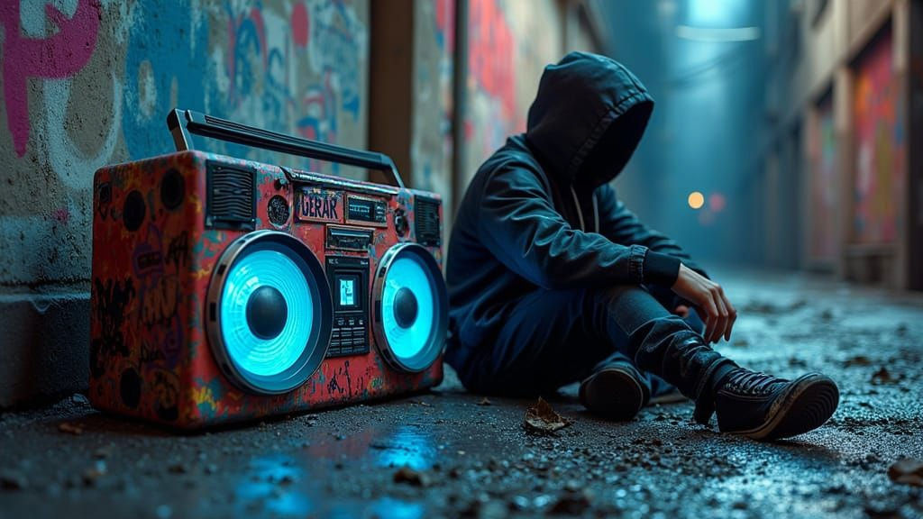 Cyberpunk Boombox in Abandoned Cityscape