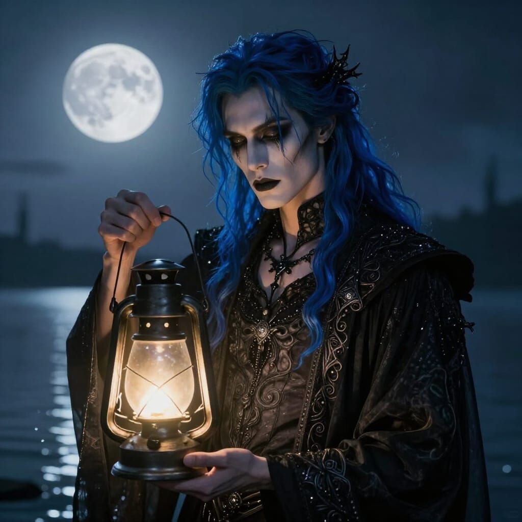 Gothic Man with Lantern in Moonlit Fantasy Landscape