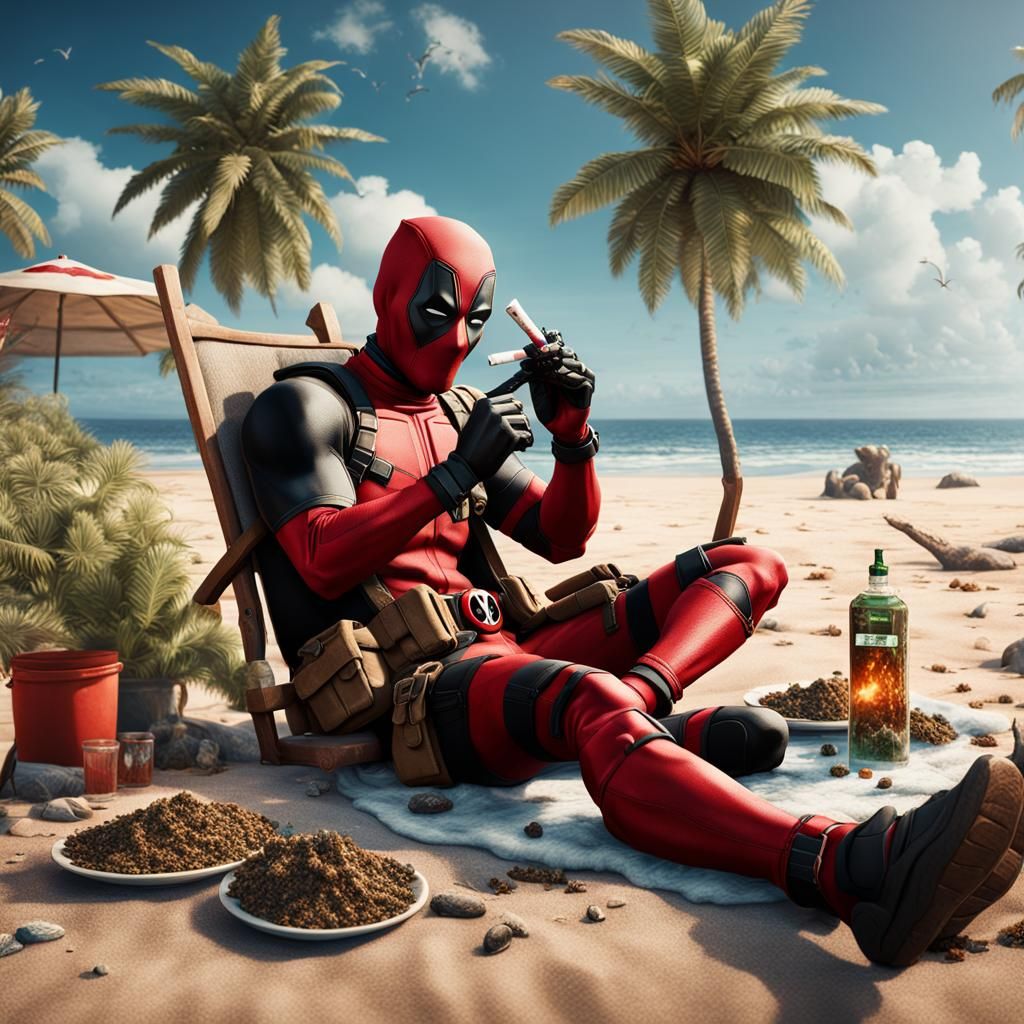 Deadpool Relaxing on Beach: Detailed Matte Painting