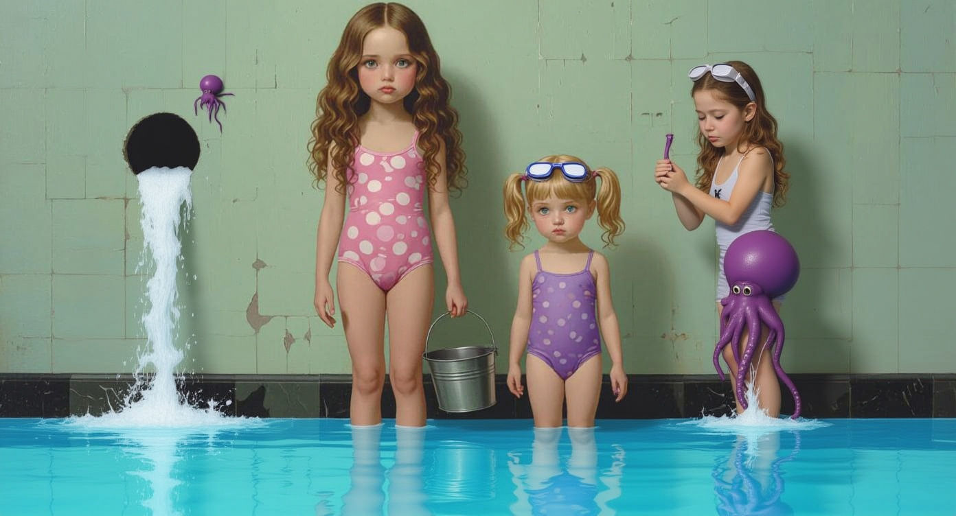 Whimsical Sisters with Octopuses in Surreal Oil Painting