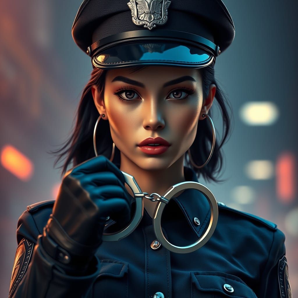 Futuristic Female Police Officer in Rich Blue Uniform