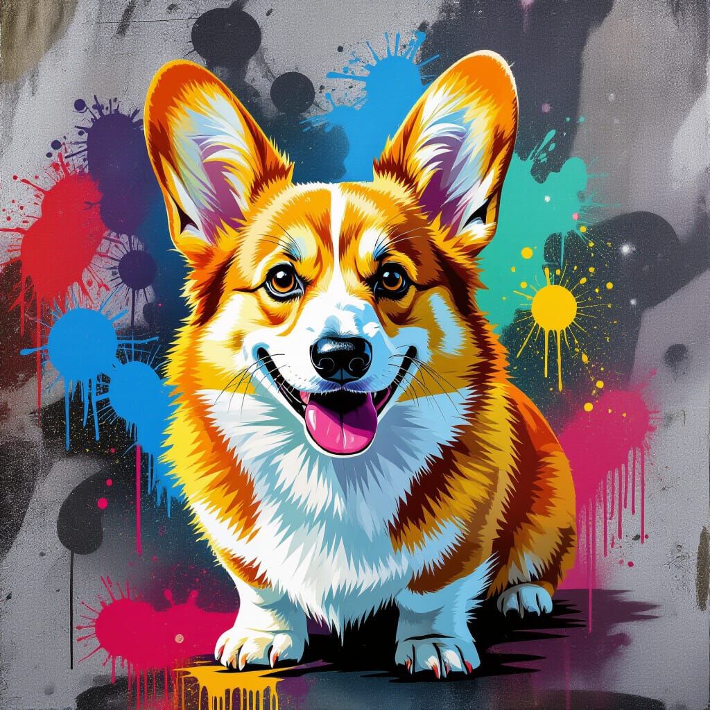 Retro Corgi in Vibrant Graffiti Art Style