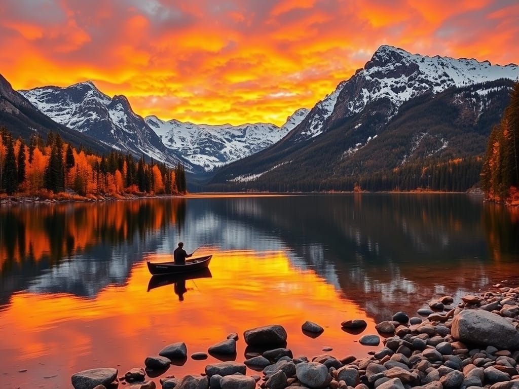 Sunset Mountain Lake in Vibrant Orange and Gold