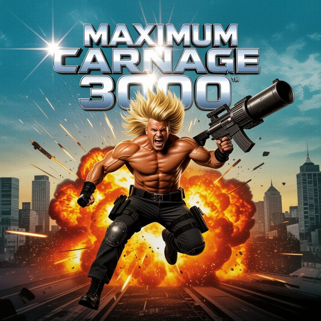 Retro Action Movie Poster: Muscular Hero in Explosion