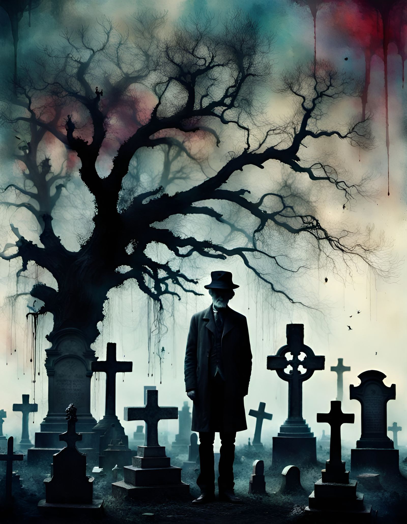 Cemetery Double Exposure with Ink Tree, Surreal Art