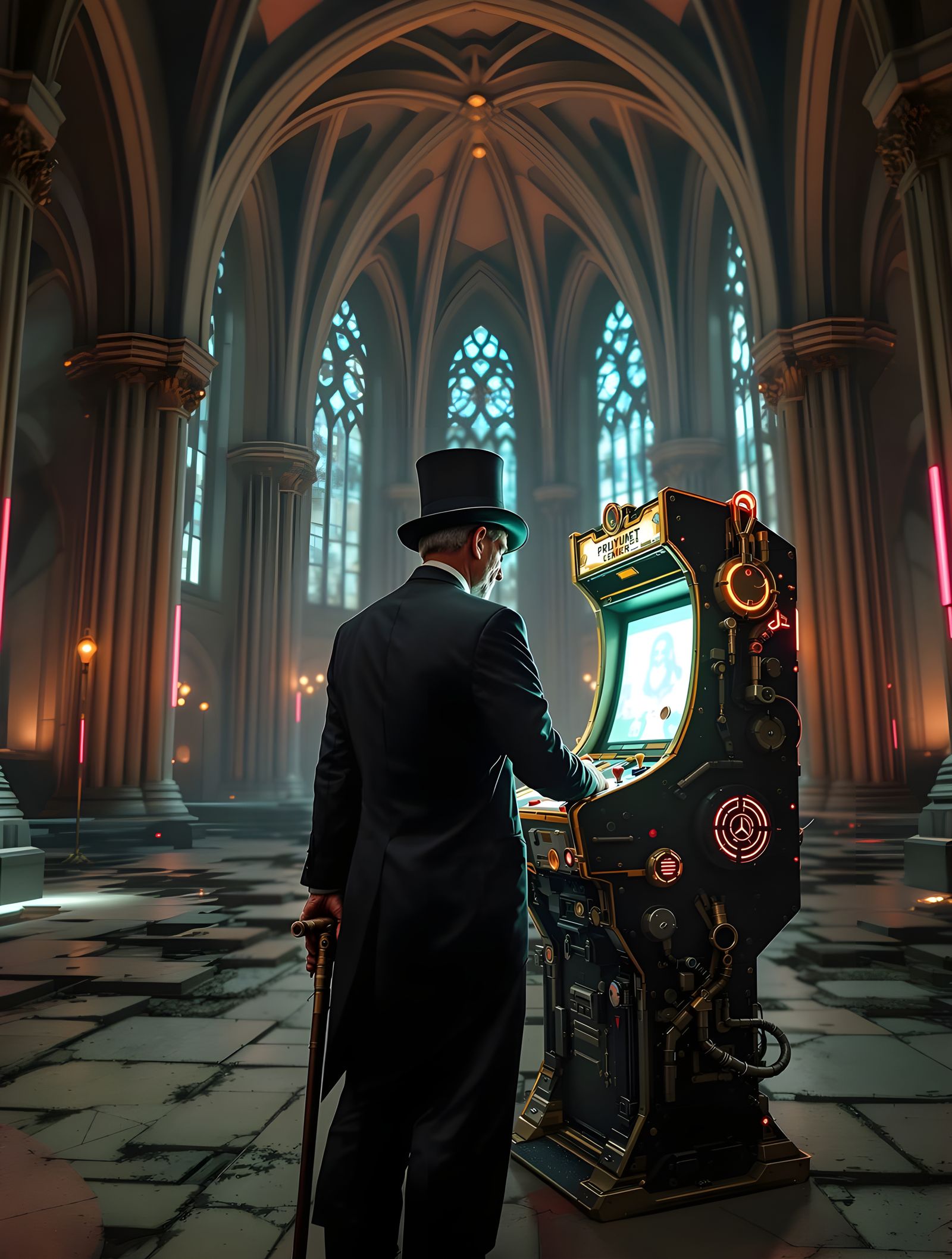 Elderly Man Plays Arcade Game in Futuristic Cathedral