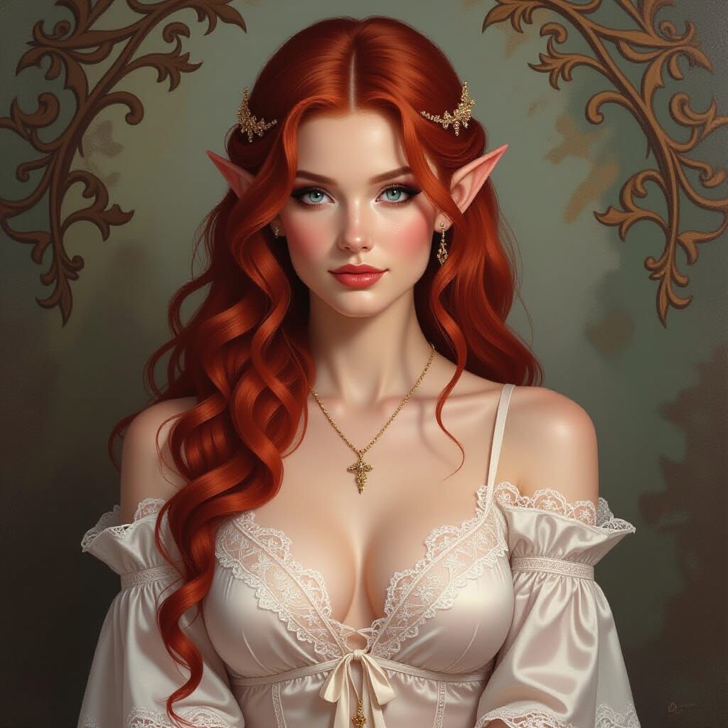 Red-Haired Elf in Nightgown, Fantasy Oil Painting