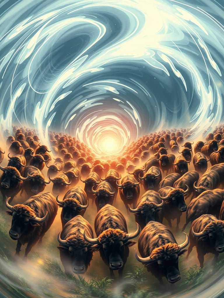 Buffalo Herd in Anime Style Tornado Vortex