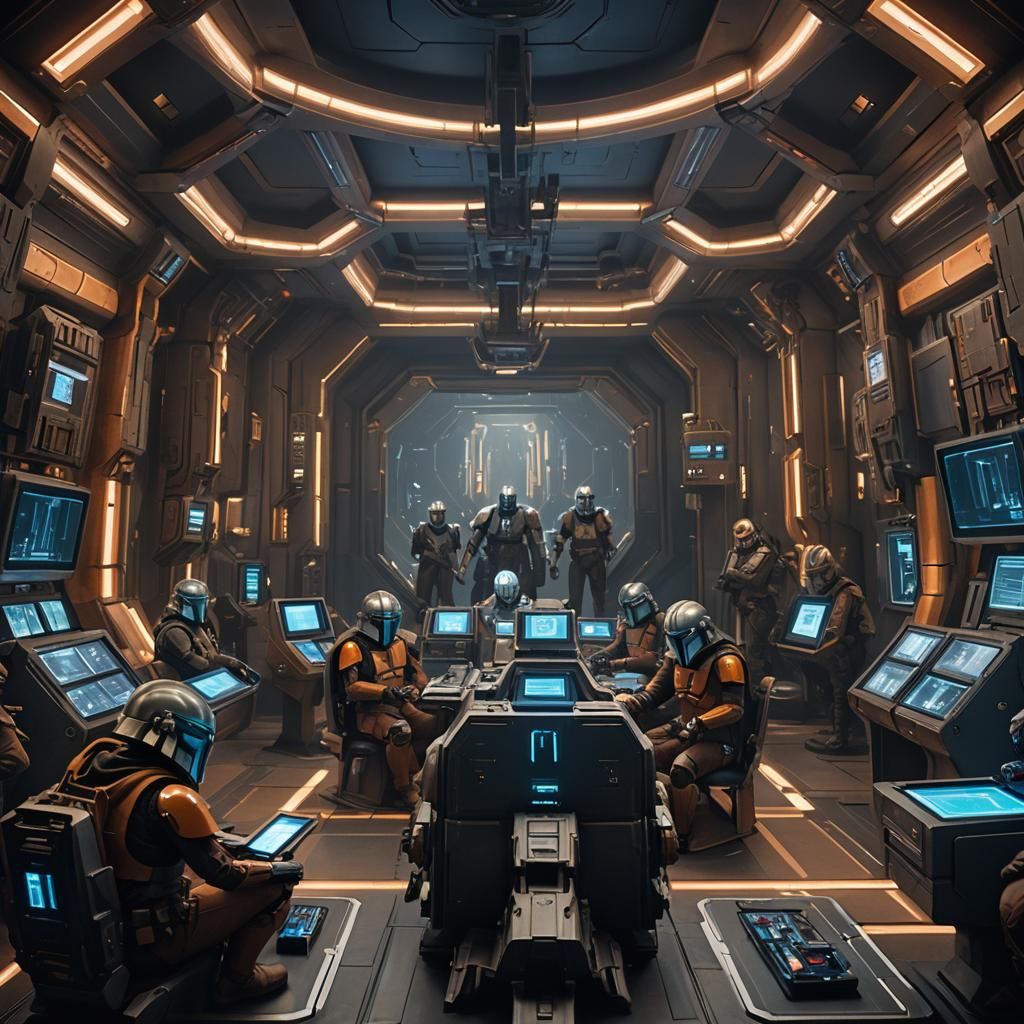 High-Tech Mandalorians in Dimly Lit Chamber