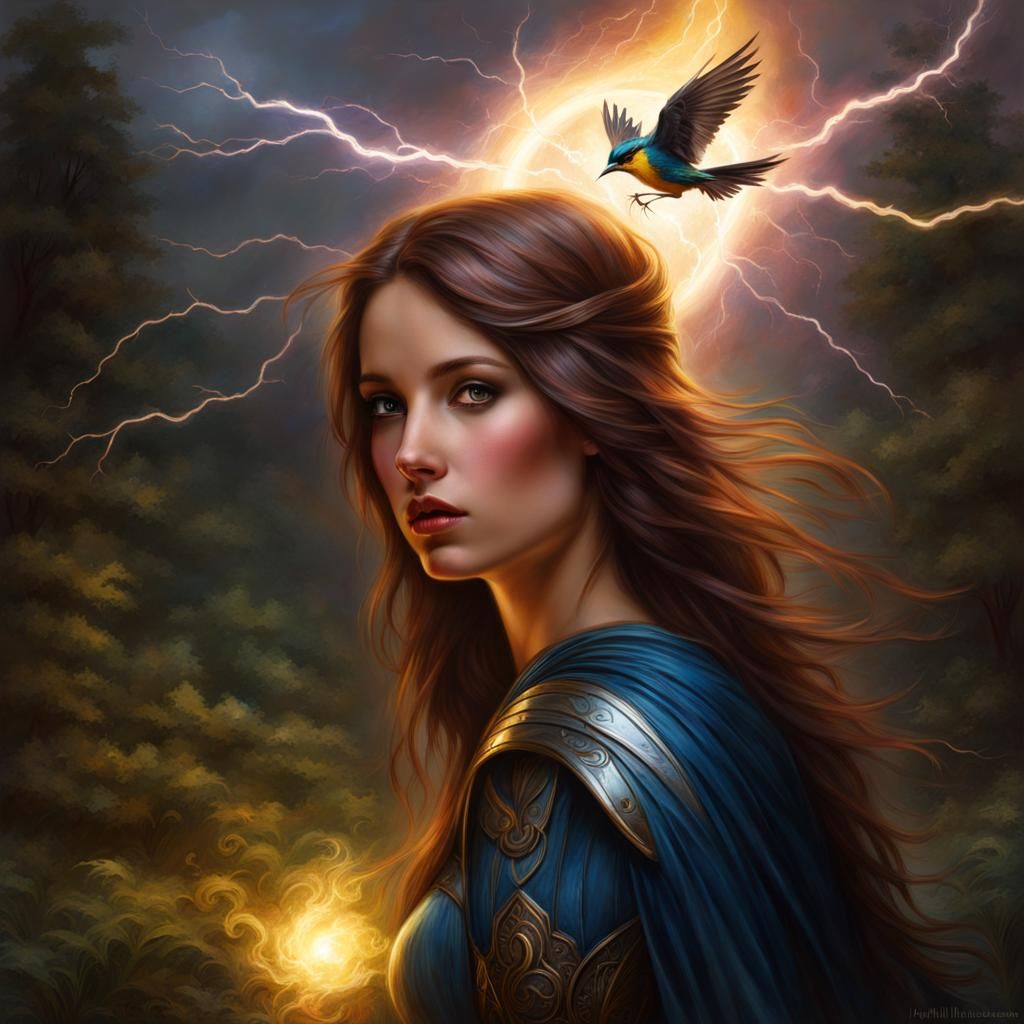 Magical Lightning Bird in Waterhouse Style