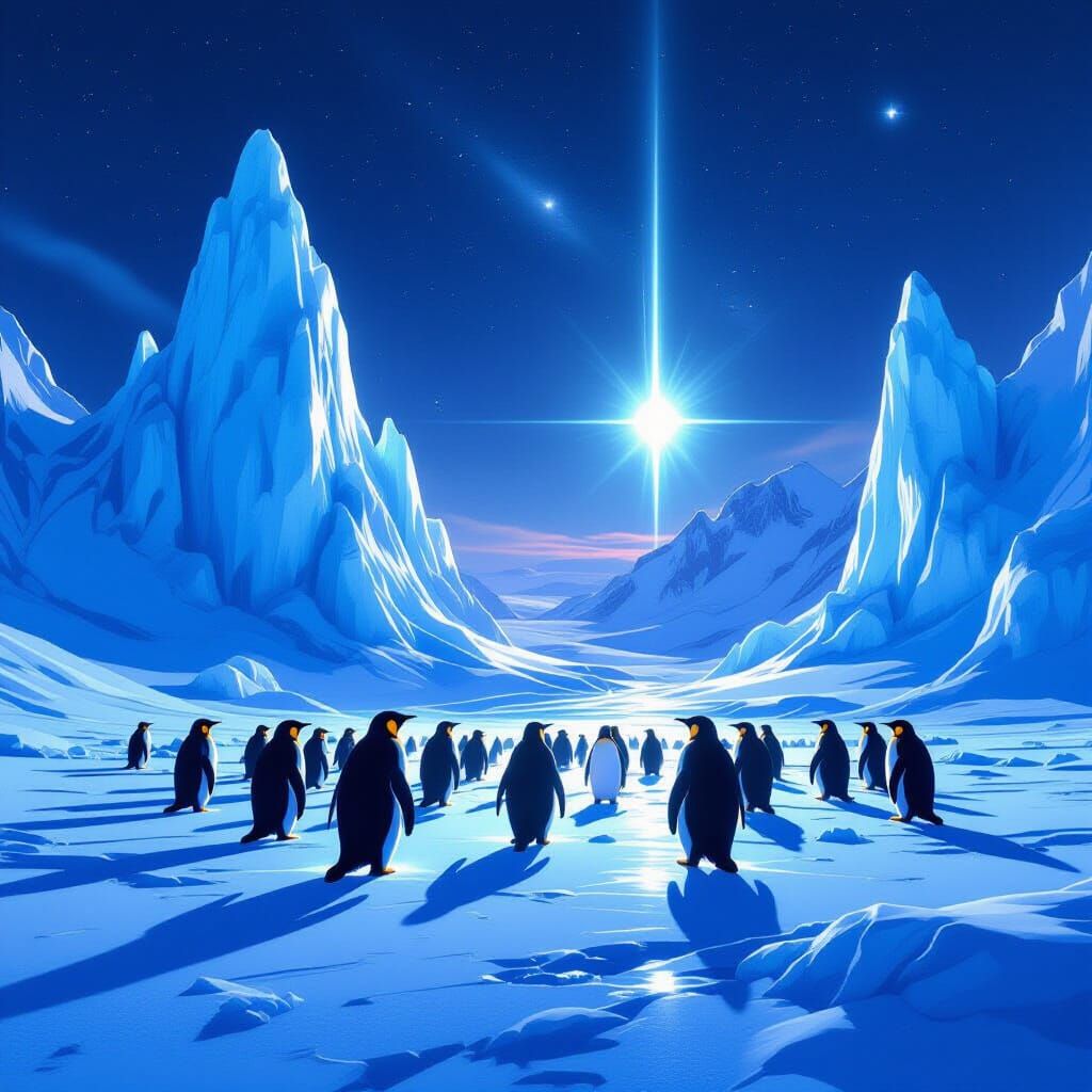 Bioluminescent Penguins on Alien Ice World