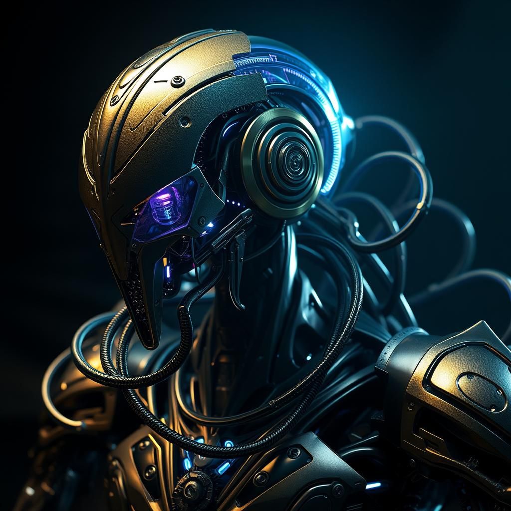 Metallic AI Entity Emerges from Darkness: Digital Art